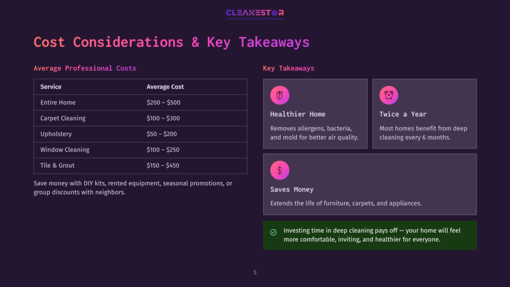 Cleanestor Cost Considerations And Key Takeaways Slide Shows Average Professional Cleaning Costs For Services Like Entire Home, Carpet, Upholstery, Window, And Tile Cleaning, Alongside Key Takeaways Like &Quot;Healthier Home&Quot; And &Quot;Twice A Year&Quot; Cleaning.