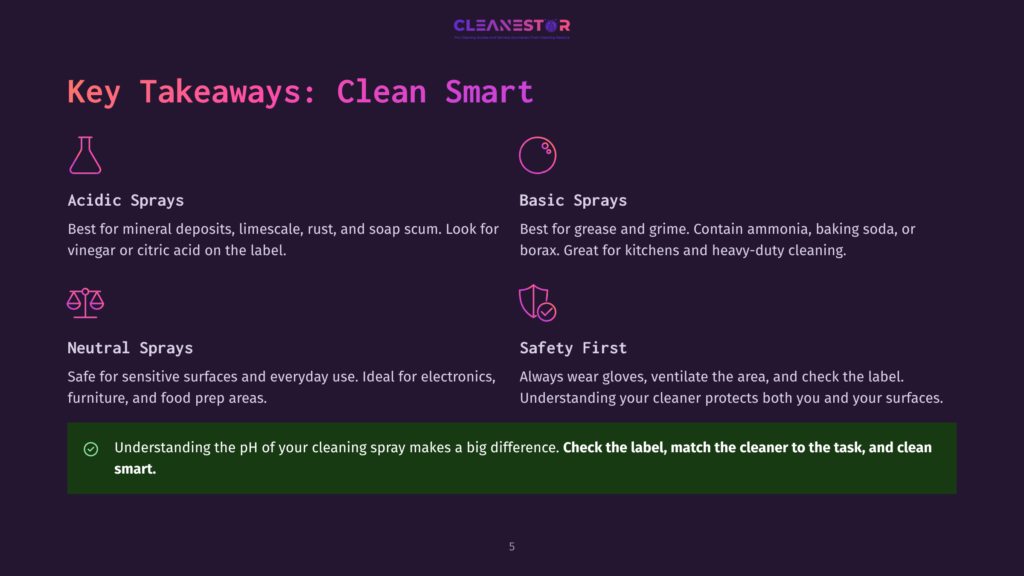 5 Key Takeaways Clean Smart Clean Smart Takeaways: Acidic Sprays For Mineral Deposits, Basic Sprays For Grease, Neutral Sprays For Surfaces, And Safety First. Text Emphasizes Checking Labels For Safe Cleaning.
