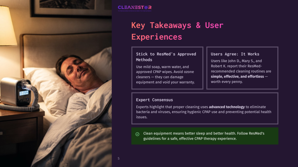 5 Key Takeaways And User Experiences Man Sleeping Peacefully In Bed With A Cpap Machine Beside Him, Featuring Cleanestor Logo And Text About Cpap Cleaning Tips.