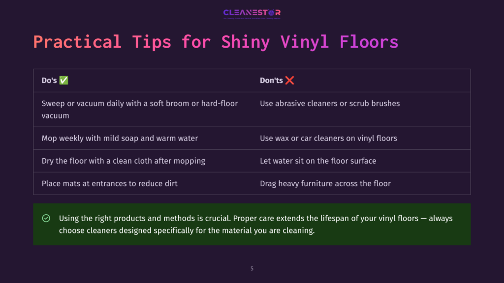 5 Practical Tips For Shiny Vinyl Floors A Dark Purple Graphic Displays &Quot;Practical Tips For Shiny Vinyl Floors&Quot; With Two Columns: &Quot;Do'S&Quot; And &Quot;Don'Ts.&Quot; The &Quot;Do'S&Quot; Column Includes Tips Like Sweeping With A Soft Broom, Mopping With Mild Soap, Drying The Floor, And Placing Mats At Entrances. The &Quot;Don'Ts&Quot; Column Advises Against Abrasive Cleaners, Wax, Letting Water Sit, And Dragging Heavy Furniture. A Green Checkmark Is Next To &Quot;Do'S,&Quot; And A Red &Quot;X&Quot; Is Next To &Quot;Don'Ts.