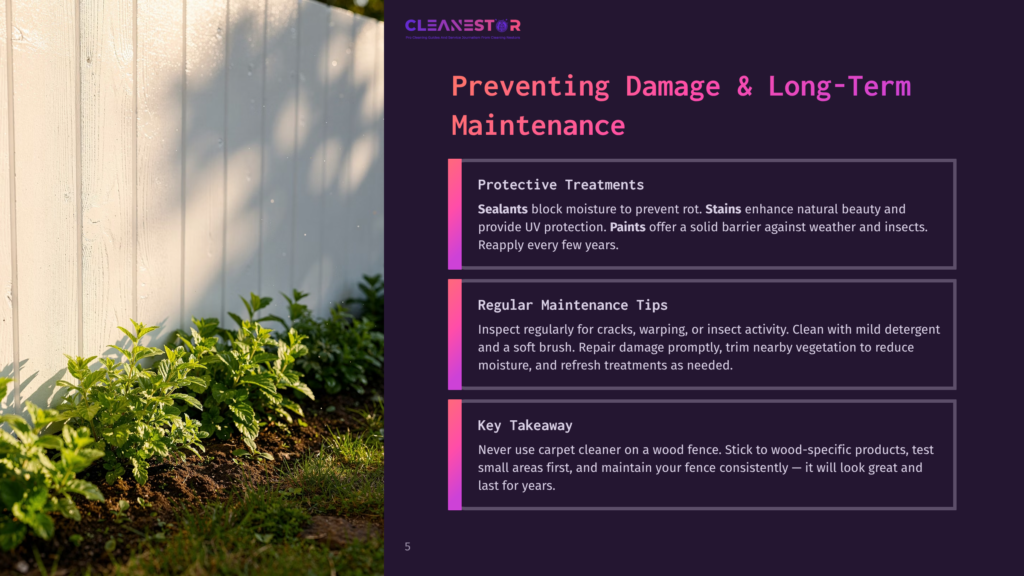 Cleanestor Logo At The Top Of A White Picket Fence With Green Foliage In The Foreground, Text Overlay: &Quot;Preventing Damage &Amp; Long-Term Maintenance&Quot;.