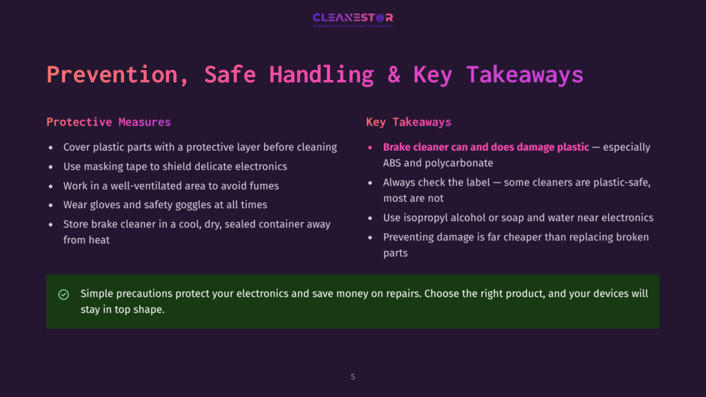 Presentation Slide Titled &Quot;Prevention, Safe Handling &Amp; Key Takeaways&Quot; With Bullet Points On Protective Measures And Key Takeaways, Including A Green Checkmark Icon And Text About Simple Precautions For Electronics.