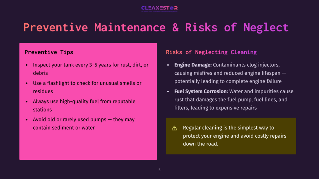 Slide Titled &Quot;Preventive Maintenance &Amp; Risks Of Neglect&Quot; With Tips For Vehicle Upkeep And Warnings About Engine Damage, Fuel System Corrosion, And The Importance Of Regular Cleaning.