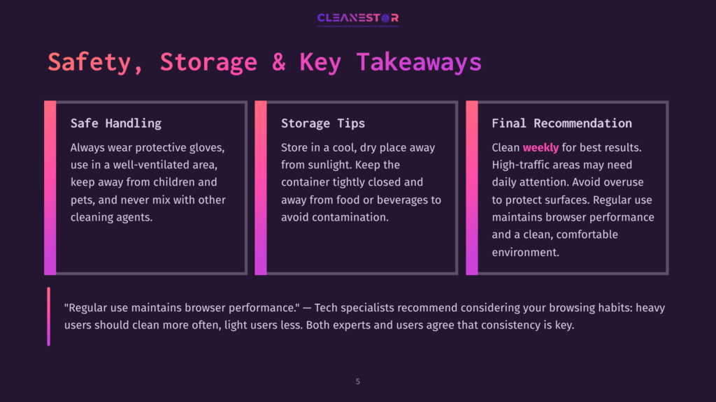 Infographic With Three Sections: &Quot;Safety, Storage &Amp; Key Takeaways&Quot; With &Quot;Safe Handling,&Quot; &Quot;Storage Tips,&Quot; And &Quot;Final Recommendation&Quot; Sections Detailing Cleaning Product Safety And Usage.