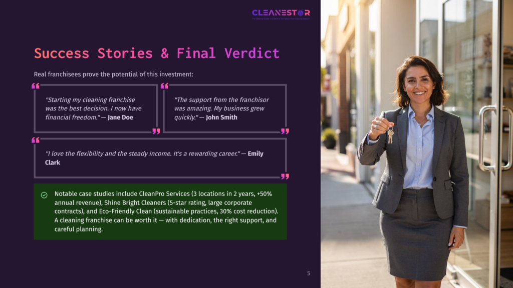 A Smiling Woman In A Grey Suit Stands In Front Of A Storefront, Holding A Set Of Keys, With The Cleanestor Logo Visible. Text Overlays Discuss &Quot;Success Stories &Amp; Final Verdict&Quot; For A Cleaning Franchise.