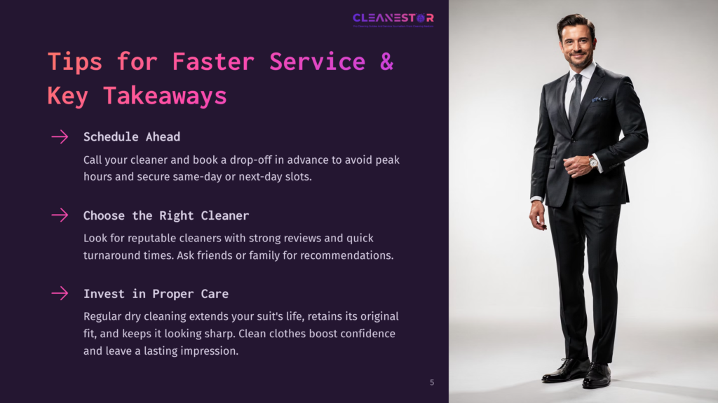 5 Tips For Faster Service And Key Takeaways A Smiling Man In A Sharp Black Suit Stands Confidently, A Professional Dry Cleaner Standing In The Background. The Image Displays Tips For Faster Dry Cleaning Service.