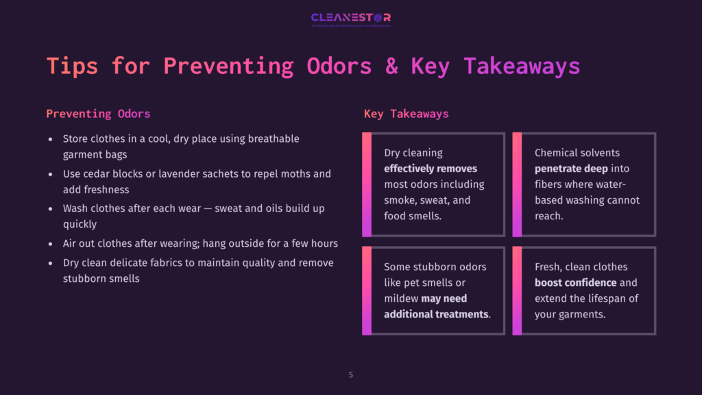 Tips For Preventing Odors And Key Takeaways From Cleanestor, Including Advice On Storing Clothes, Using Cedar, Washing, And Dry Cleaning For Odor Removal And Freshness.