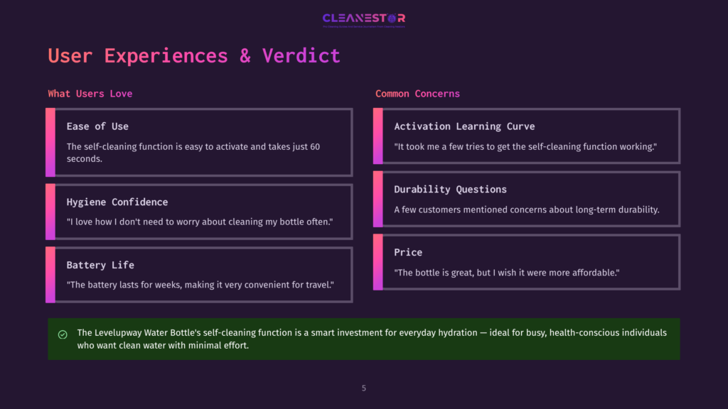 Cleanestor Bottle User Experiences And Verdict: Ease Of Use, Hygiene Confidence, Battery Life, Activation Learning Curve, Durability Questions, And Price. The Bottle'S Self-Cleaning Function Is A Smart Investment For Busy Individuals.