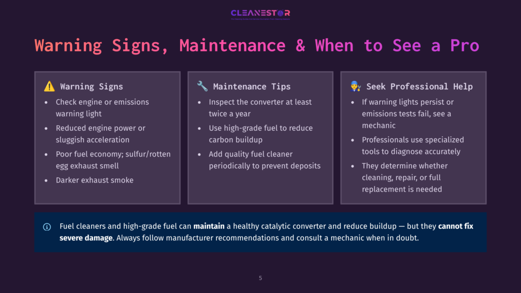 5 Warning Signs Maintenance And When To See A Pro Infographic Titled &Quot;Warning Signs, Maintenance &Amp; When To See A Pro&Quot; With Three Columns: Warning Signs, Maintenance Tips, And Seek Professional Help, Detailing Car Maintenance Advice.
