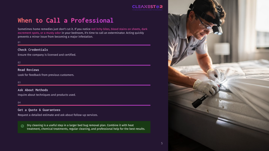 Professional Exterminator With Headlamp Inspects A Mattress For Bed Bugs, Holding A Flashlight. Text Overlay &Quot;When To Call A Professional&Quot; And &Quot;Cleanestor&Quot; Logo Visible.