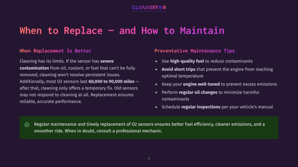 A Dark Purple Slide With The Title &Quot;When To Replace - And How To Maintain&Quot; And Bullet Points About O2 Sensor Maintenance And Preventative Tips.