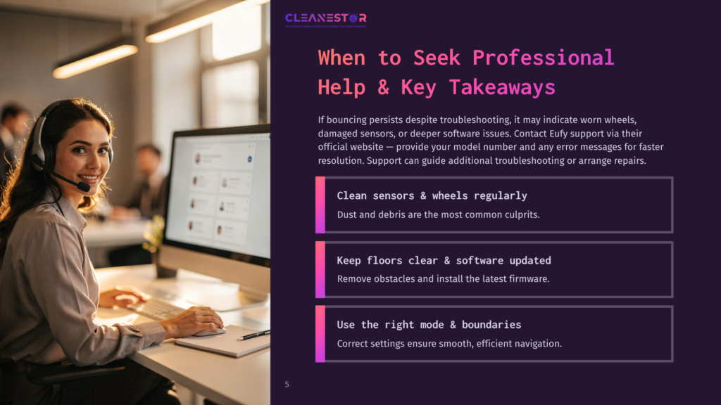 5 When To Seek Professional Help And Key Takeaways A Female Customer Service Representative With A Headset Smiles While Working At A Computer In An Office Setting. The Screen Displays A Dashboard With Employee Profiles, And Text On The Right Side Of The Image Reads &Quot;Cleanestor&Quot; And &Quot;When To Seek Professional Help &Amp; Key Takeaways.
