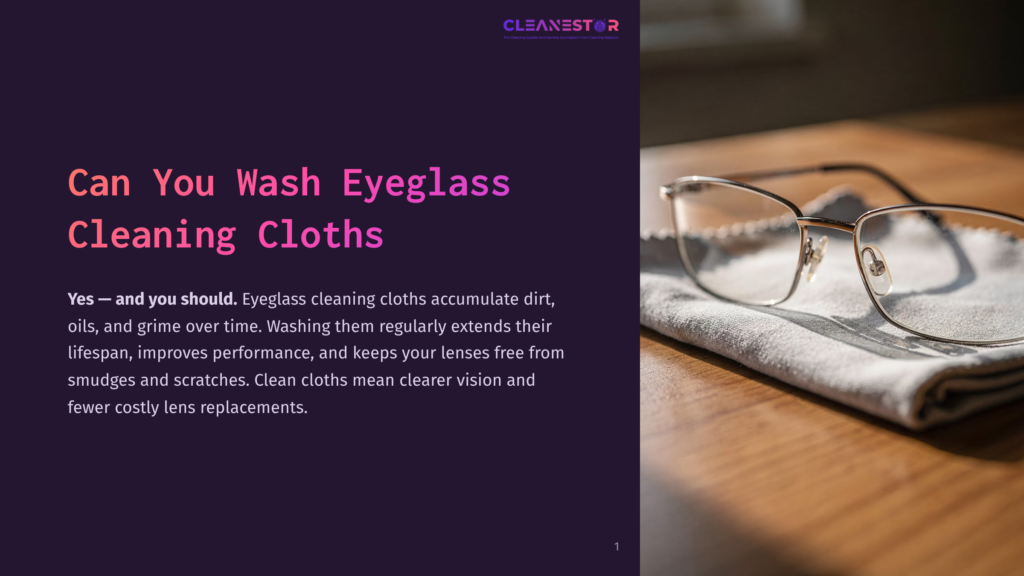 Close-Up Of Eyeglasses Resting On A Microfiber Cleaning Cloth, With The Text &Quot;Can You Wash Eyeglass Cleaning Cloths?&Quot; Prominently Displayed On The Left.