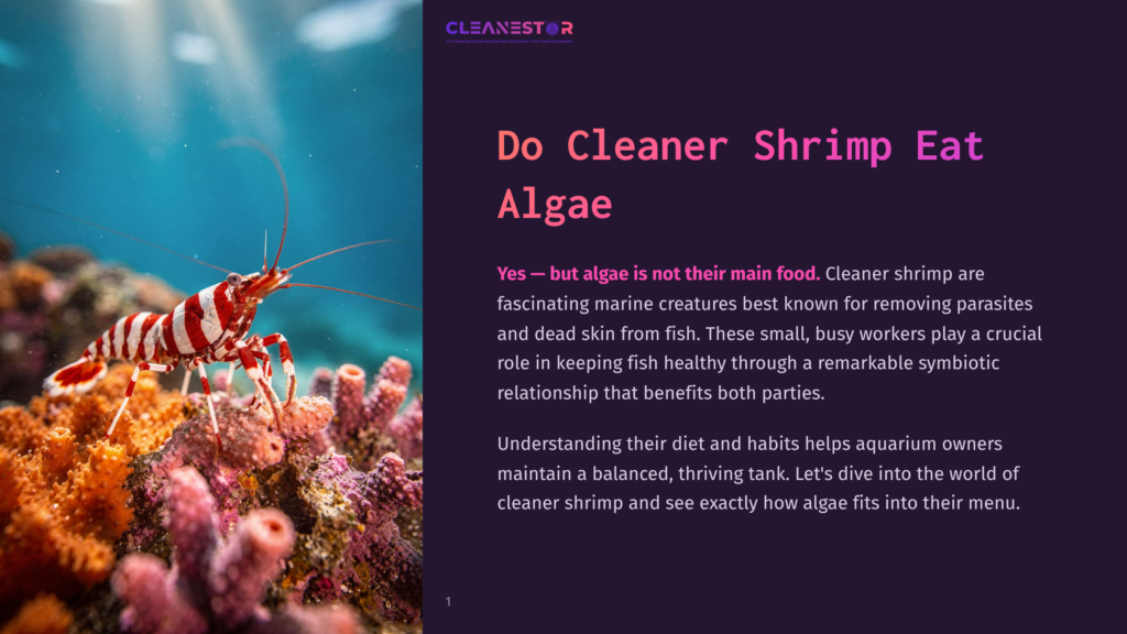 A Bright Red And White Striped Cleaner Shrimp With Prominent Antennae Perches On Vibrant Orange Coral In Clear Blue Ocean Water, With Sunlight Filtering From Above.