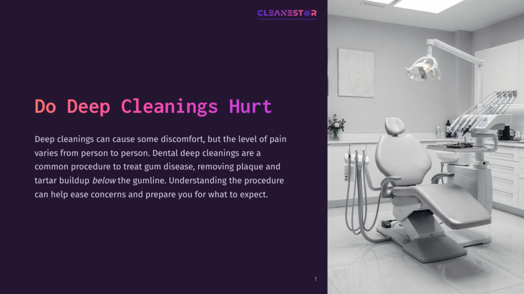 A Modern Dental Operatory With A White Dental Chair, Overhead Light, And Dental Tools. Text Overlay Reads &Quot;Do Deep Cleanings Hurt?&Quot;.