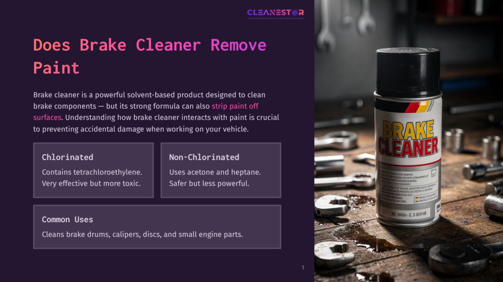 A Can Of &Quot;Brake Cleaner&Quot; Spray Sits On A Wooden Workbench With Oil Stains And Tools, Next To A Graphic Detailing The Benefits Of Brake Cleaner For Removing Paint.