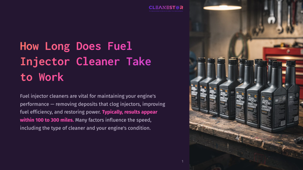 A Row Of Fuel Injector Cleaner Bottles On A Workbench, With Tools In The Background. Text Reads: &Quot;Cleanestor Fuel Injector Cleaner&Quot;.