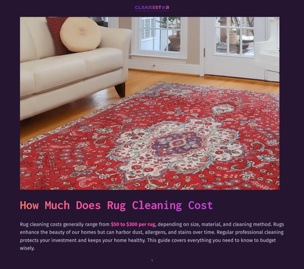 1 How Much Does Rug Cleaning Cost A Vintage Persian Rug With Intricate Red, Blue, And Cream Floral Patterns Lies On A Polished Wooden Floor In Front Of A Plush Cream Sofa. The Rug Cleaning Cost Guide Is Visible In The Background.