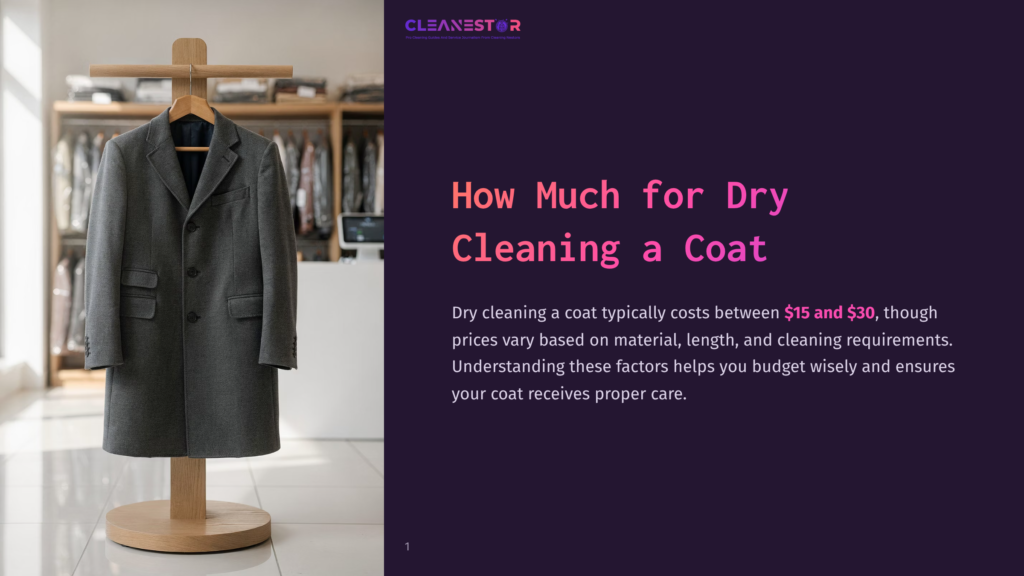 A Grey Wool Coat Hangs On A Wooden Coat Rack In A Clean, Well-Lit Dry Cleaning Shop. The Background Shows Racks Of Clothes. Text On The Right Reads &Quot;Cleanestor&Quot; And &Quot;How Much For Dry Cleaning A Coat&Quot;.