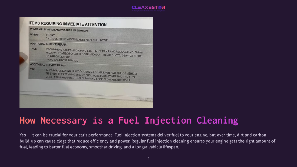 A Car Service Checklist With &Quot;Items Requiring Immediate Attention&Quot; Including Windshield Wiper And Washer Operation, And &Quot;Additional Service Repair&Quot; For Ac And Fuel Injector Cleaning. The Bottom Of The Image Shows The Title &Quot;How Necessary Is A Fuel Injection Cleaning&Quot;.