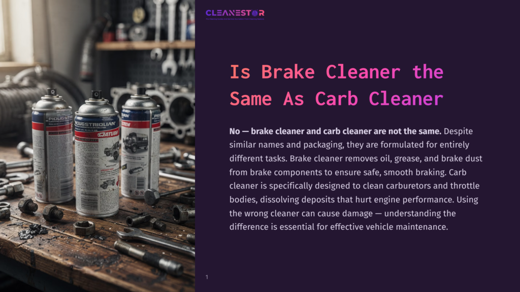 Three Cans Of Car Cleaning Spray, Including &Quot;Piuguist&Quot; And &Quot;Dustrioian&Quot; Brake Cleaner, Sit On A Workbench With Tools And Engine Parts In A Garage Setting.