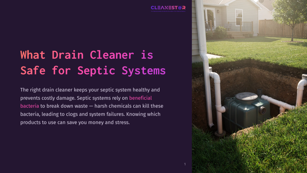 A Modern Septic Tank System Is Installed In A Grassy Backyard, With Pipes Leading To And From The Green Tank. Text On The Left Reads &Quot;What Drain Cleaner Is Safe For Septic Systems?