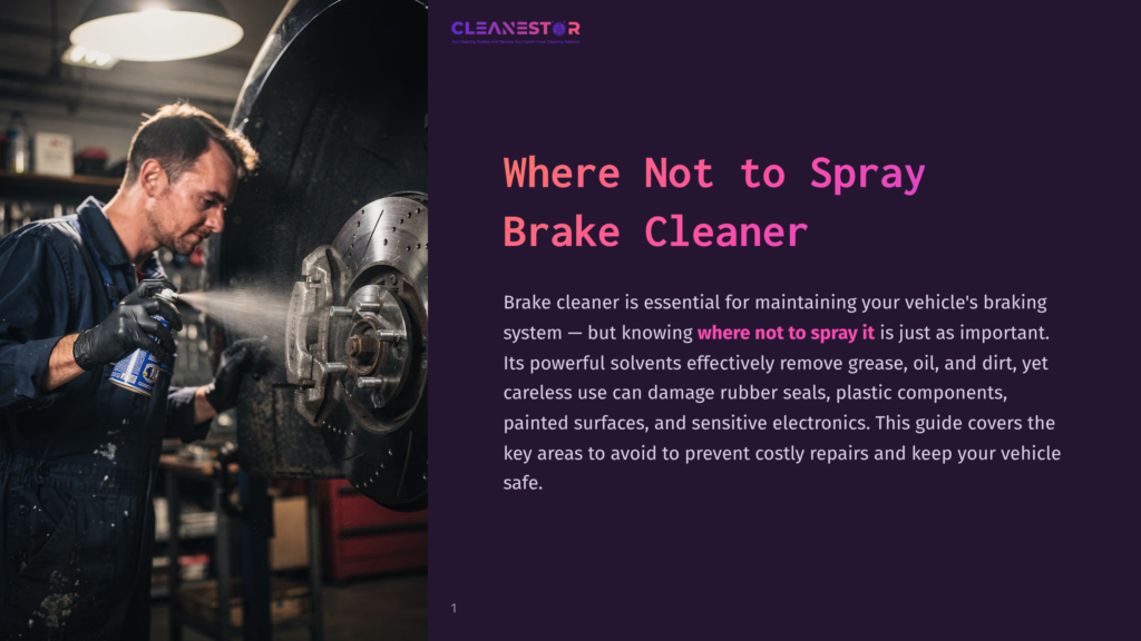 Mechanic Spraying Brake Cleaner Onto A Car'S Brake Rotor And Caliper, With &Quot;Cleanestor&Quot; Logo And &Quot;Where Not To Spray Brake Cleaner&Quot; Title Visible.
