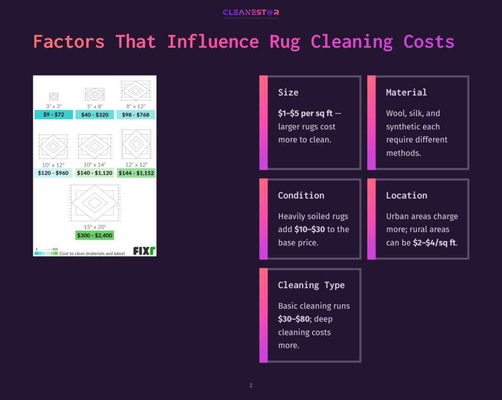 2 Factors That Influence Rug Cleaning Costs Infographic Titled &Quot;Factors That Influence Rug Cleaning Costs&Quot; Showing Rug Sizes, Prices, Cleaning Costs, And Factors Like Size, Material, Condition, And Location.