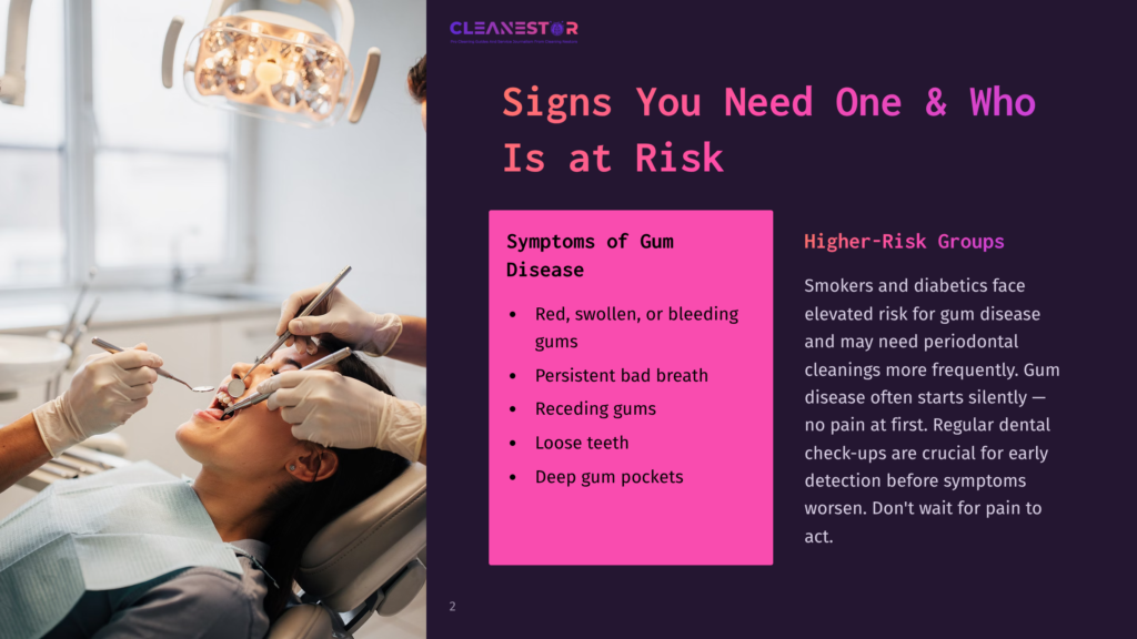 Dentist Examining Patient'S Teeth With Instruments, Highlighting Gum Disease Symptoms And Higher-Risk Groups On A Pink Overlay.