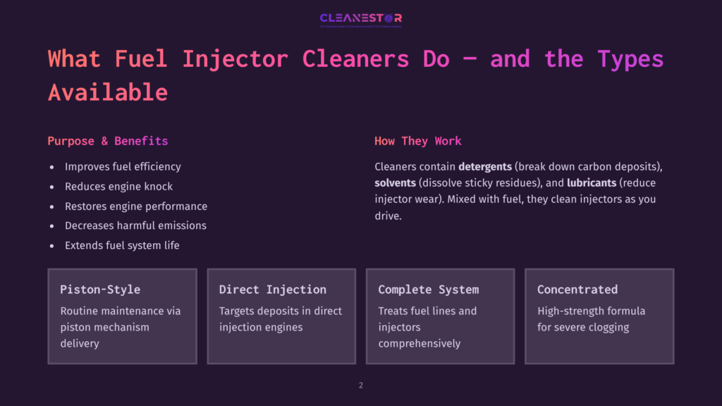 What Fuel Injector Cleaners Do And The Types Available: Explains Benefits Like Improved Fuel Efficiency And Lists Types: Piston-Style, Direct Injection, Complete System, And Concentrated.
