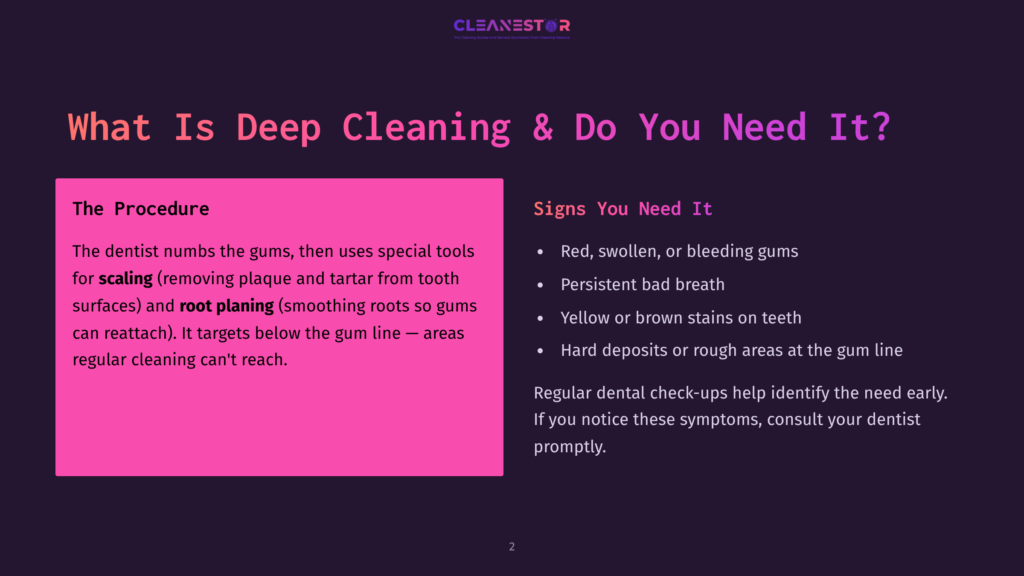 Infographic With The Title &Quot;What Is Deep Cleaning &Amp; Do You Need It?&Quot; Explaining Dental Deep Cleaning Procedures And Signs You Need It, Including Text About Scaling And Root Planing.