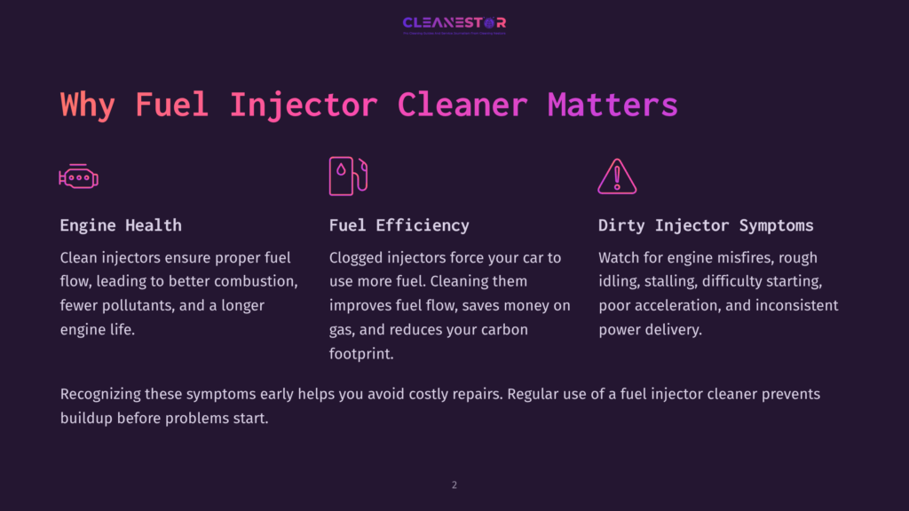2 Why Fuel Injector Cleaner Matters Infographic Titled &Quot;Why Fuel Injector Cleaner Matters&Quot; With Three Sections: Engine Health, Fuel Efficiency, And Dirty Injector Symptoms, Illustrated With Icons And Descriptive Text.