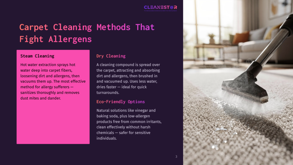 3 Carpet Cleaning Methods That Fight Allergens Close-Up Of A Vacuum Cleaner Head With Brushes Actively Cleaning A Beige Carpet, Kicking Up Dust And Fibers. Text Overlay On The Left Discusses Steam Cleaning And Dry Cleaning Methods For Allergy Relief.
