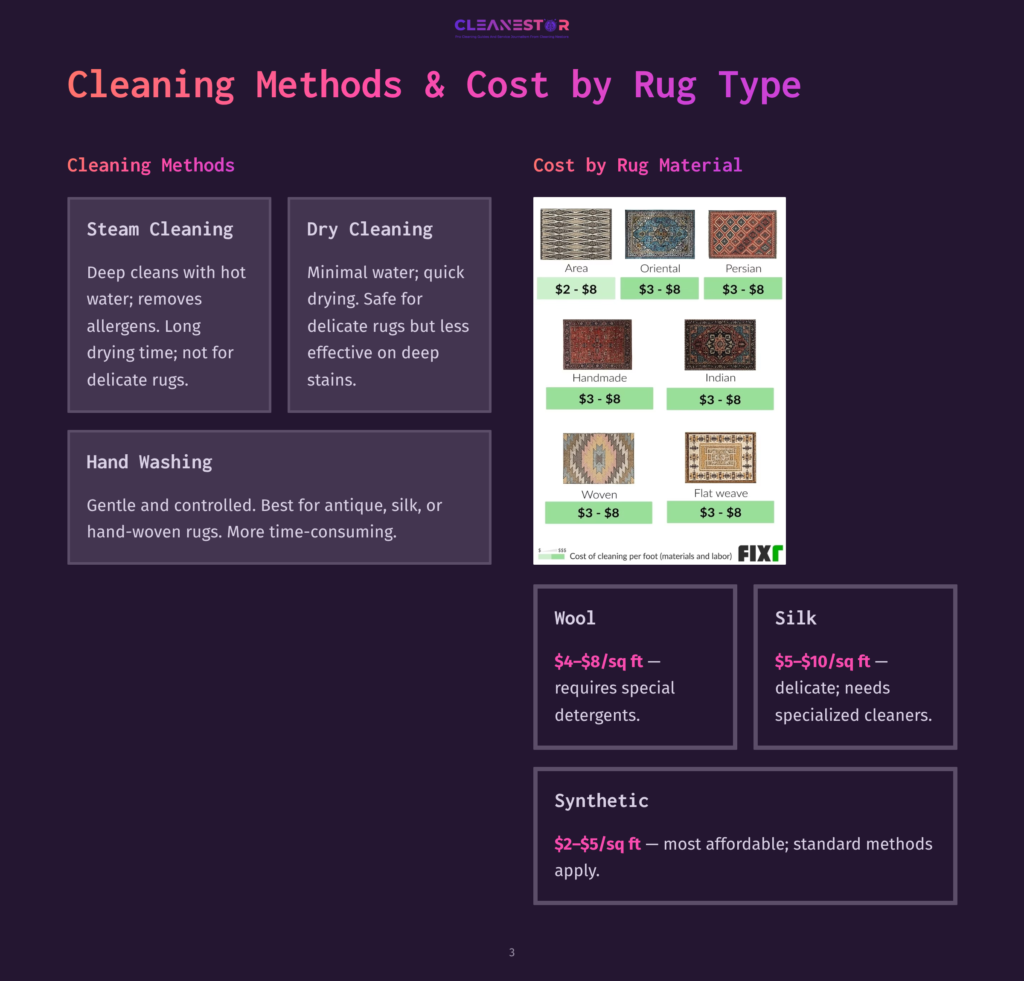 3 Cleaning Methods And Cost By Rug Type Infographic Detailing Rug Cleaning Methods And Costs. It Compares Steam Cleaning, Dry Cleaning, And Hand Washing, With Cost Ranges For Different Rug Types Like Wool And Silk.