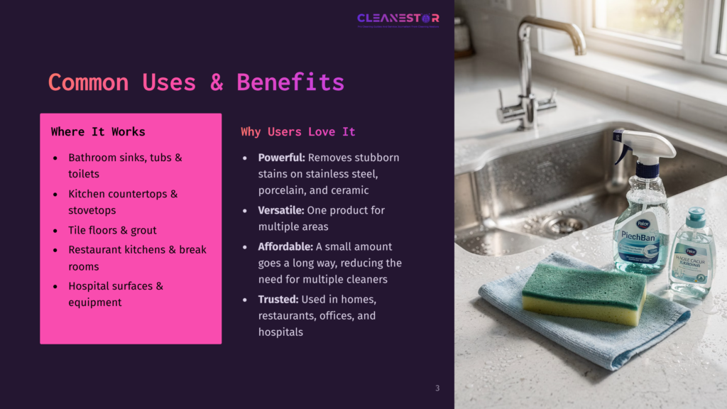 3 Common Uses And Benefits Cleanestor Logo Above A Sink With Two Bottles Of Cleaning Spray, A Sponge, And A Microfiber Cloth. The Text &Quot;Common Uses &Amp; Benefits&Quot; Is Visible On The Left.
