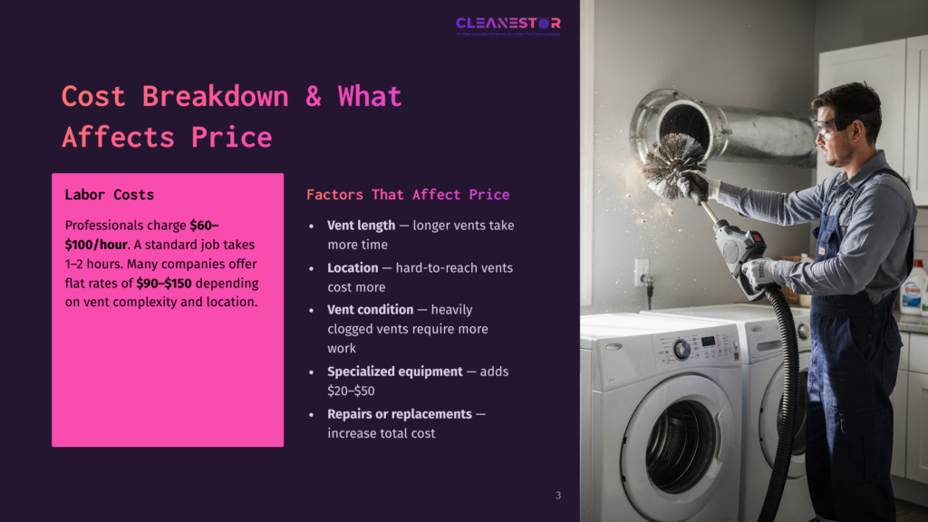 A Professional Cleaner In Goggles And A Mask Uses A Long Brush To Clean A Large Dryer Vent Pipe, With Washing Machines In The Foreground. The Image Details Dryer Vent Cleaning Costs And Factors Affecting Price.
