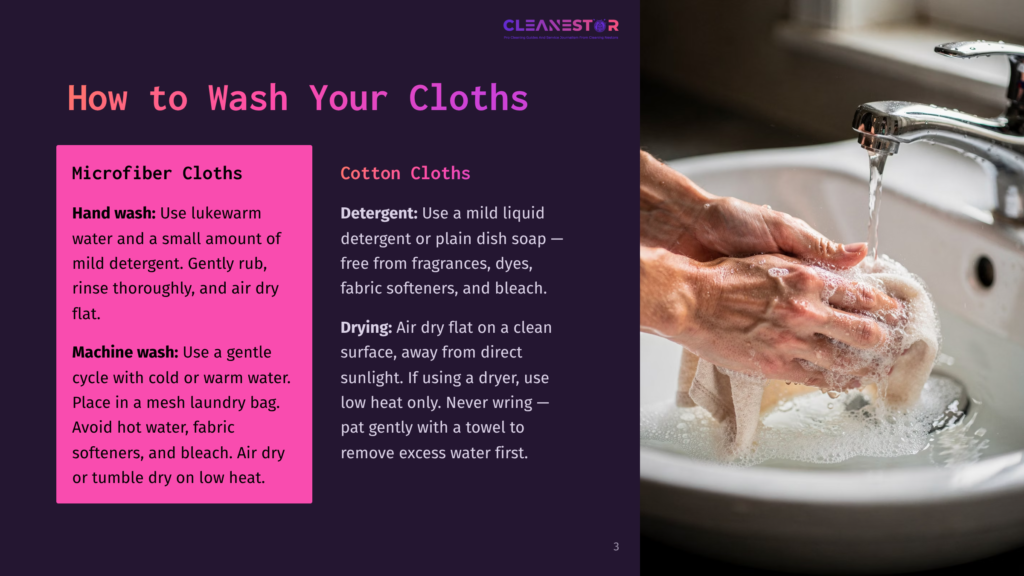 Hands Gently Wash A White Microfiber Cloth Under Running Water In A Sink, Illustrating How To Wash Cloths.