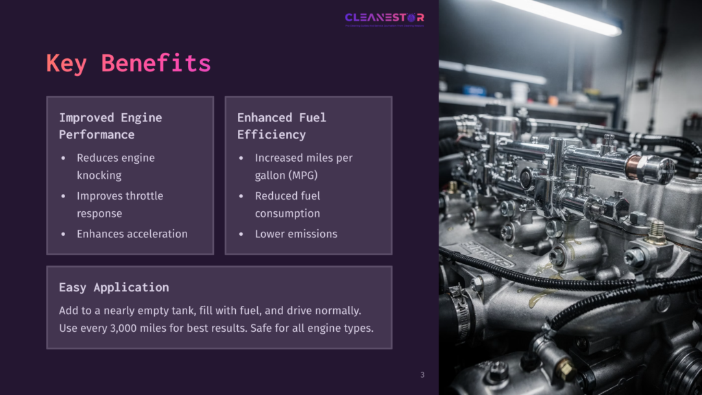 Cleanestor Logo And Text Highlighting &Quot;Key Benefits&Quot; Including &Quot;Improved Engine Performance,&Quot; &Quot;Enhanced Fuel Efficiency,&Quot; And &Quot;Easy Application,&Quot; With A Close-Up Of A Complex Engine Component In The Background.