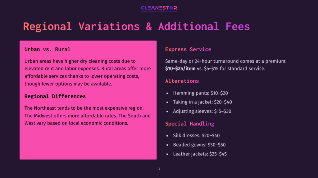 3 Regional Variations And Additional Fees Presentation Slide Titled &Quot;Regional Variations &Amp; Additional Fees&Quot; From Cleanestor, Detailing Urban Vs. Rural Cleaning Costs And Regional Differences, With Express Service Pricing.