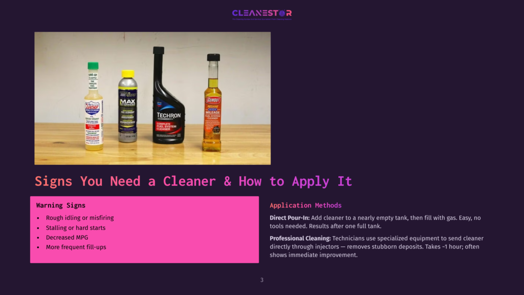 Four Bottles Of Fuel System Cleaner And Fuel Injector Cleaner: Lucas Oil, Gumout, Techron, And A Generic Brand, Arranged On A White Surface With A Purple Background Overlay Featuring Text About Cleaning And Application Methods.