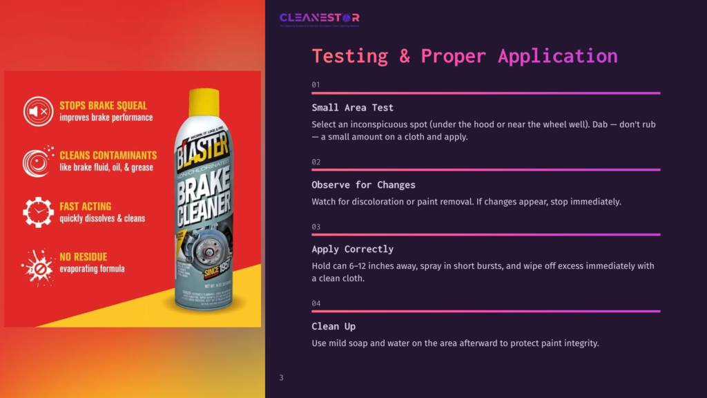 Blaster Brake Cleaner Can With &Quot;Stop Brake Squeal,&Quot; &Quot;Cleans Contaminants,&Quot; And &Quot;Fast Acting&Quot; Text, Displayed Next To Instructions For Testing And Applying The Product.