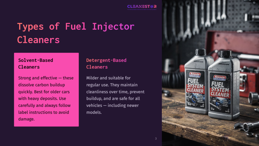 3 Types Of Fuel Injector Cleaners Two Bottles Of American Made Fuel System Cleaner Sit On A Wooden Workbench Next To A Red Toolbox. The Bottles Are Labeled &Quot;Fuel System Cleaner&Quot; And One Is Partially Obscured By The Other.