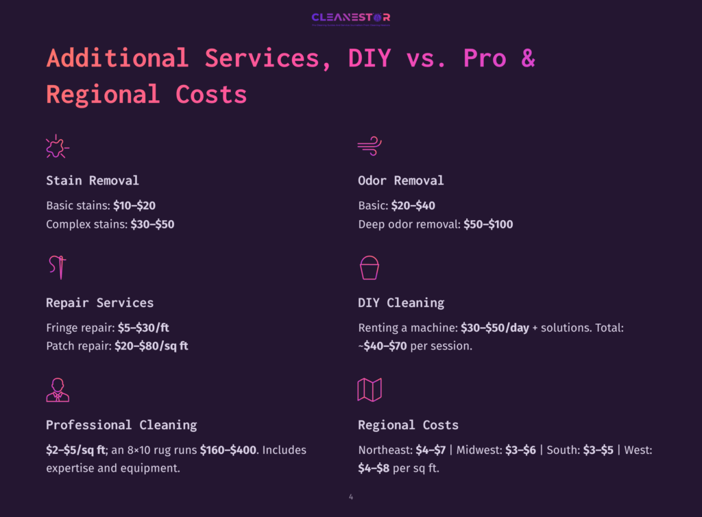 4 Additional Services Diy Vs Pro And Regional Costs Infographic Detailing Additional Services And Regional Costs For Cleaning. Includes Sections For Stain Removal, Odor Removal, Repair Services, Diy Cleaning, Professional Cleaning, And Regional Costs, With Pricing Information.