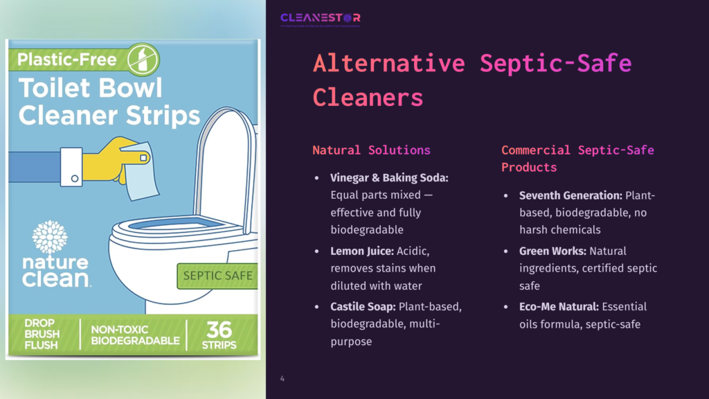 4 Alternative Septic Safe Cleaners Toilet Bowl Cleaner Strips: Plastic-Free, Non-Toxic, Biodegradable. Nature Clean Brand Toilet Bowl Cleaner Strips In A Box With A Toilet And A Hand Cleaning It.