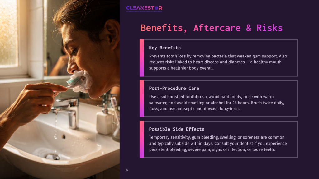 Person Brushing Teeth With White Foam, Bathroom Sink With Faucet And Dispenser Visible. Text Overlay: &Quot;Cleanestor Benefits, Aftercare &Amp; Risks&Quot;.