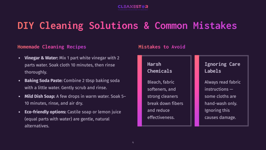 Diy Cleaning Solutions And Common Mistakes: Vinegar &Amp; Water, Baking Soda Paste, And Mild Dish Soap Recipes On The Left; Ignoring Care Labels On The Right.