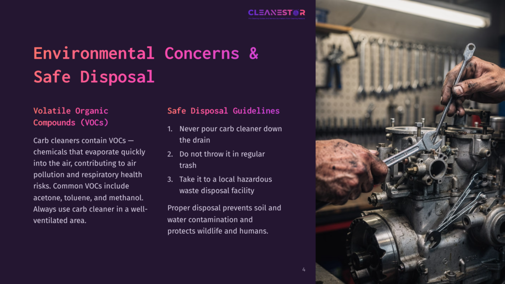 Close-Up Of Hands Covered In Grease Using A Wrench To Repair A Carburetor, With A Blurred Background Of Tools And Workshop Equipment. Text Overlay: &Quot;Cleanestor Environmental Concerns &Amp; Safe Disposal&Quot;.