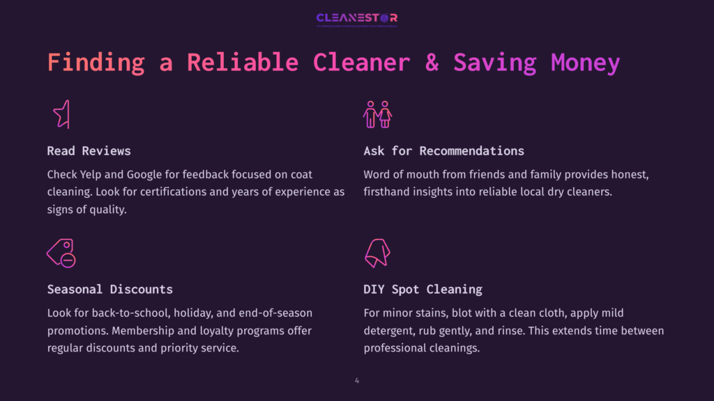 Four Sections On A Dark Purple Background With A Subtle Gradient. Top Left: &Quot;Read Reviews&Quot; With A Star Icon. Top Right: &Quot;Ask For Recommendations&Quot; With Two Figures Icon. Bottom Left: &Quot;Seasonal Discounts&Quot; With A Gift Box Icon. Bottom Right: &Quot;Diy Spot Cleaning&Quot; With A Spray Bottle Icon. The Cleanestor Logo Is At The Top.