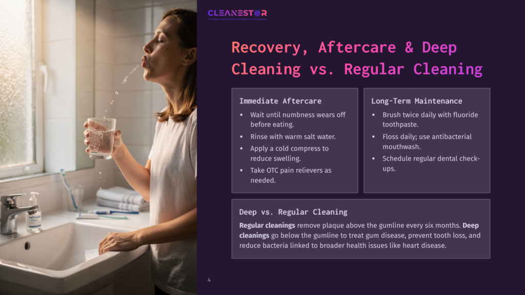 Woman Spitting Water From Her Mouth Into A Sink After Brushing Teeth, With A &Quot;Cleanestor&Quot; Logo Visible.