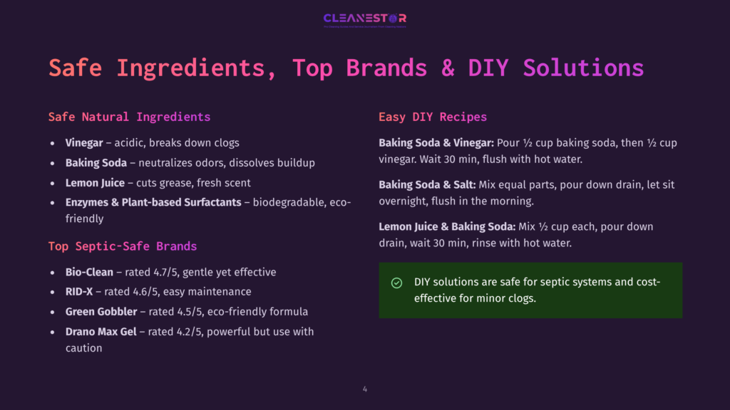 Cleanestor Logo And Text On A Dark Purple Background, Highlighting Safe Ingredients And Diy Septic Solutions Like Vinegar And Baking Soda. Safe Natural Ingredients And Top Septic-Safe Brands Are Listed.